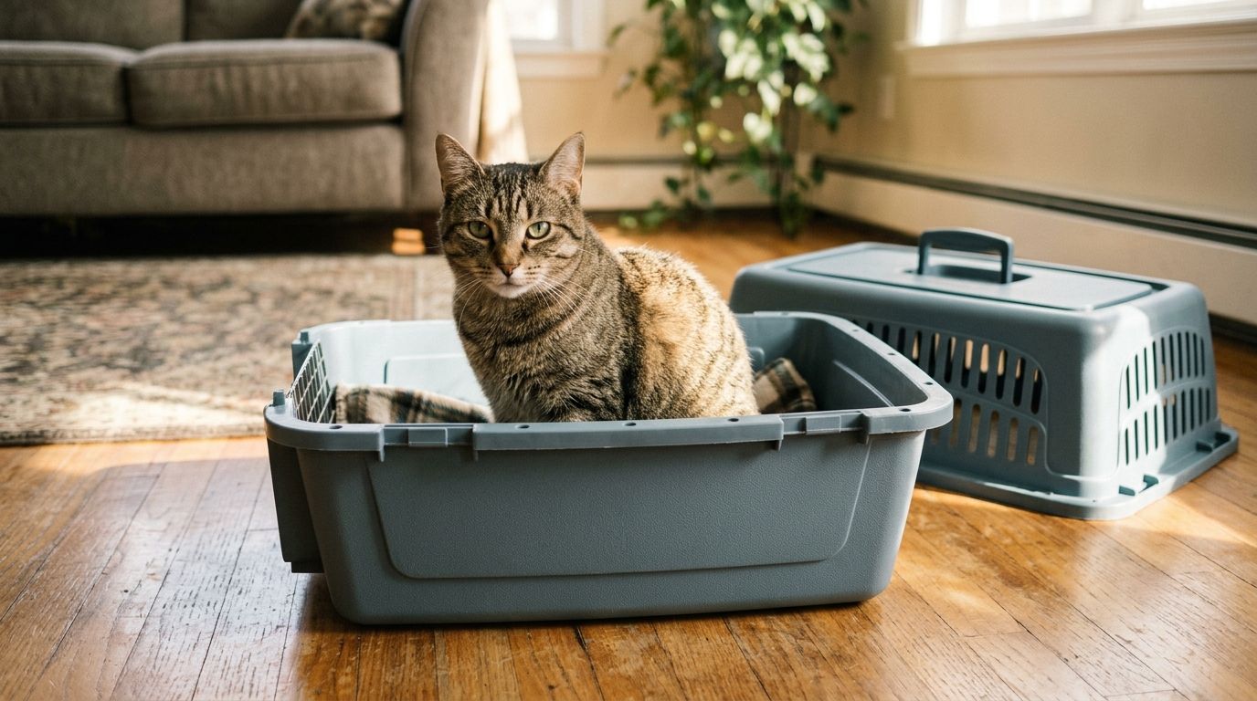 Tabby cat sitting in the bottom half of a hard plastic carrier, the top half on the floor beside it