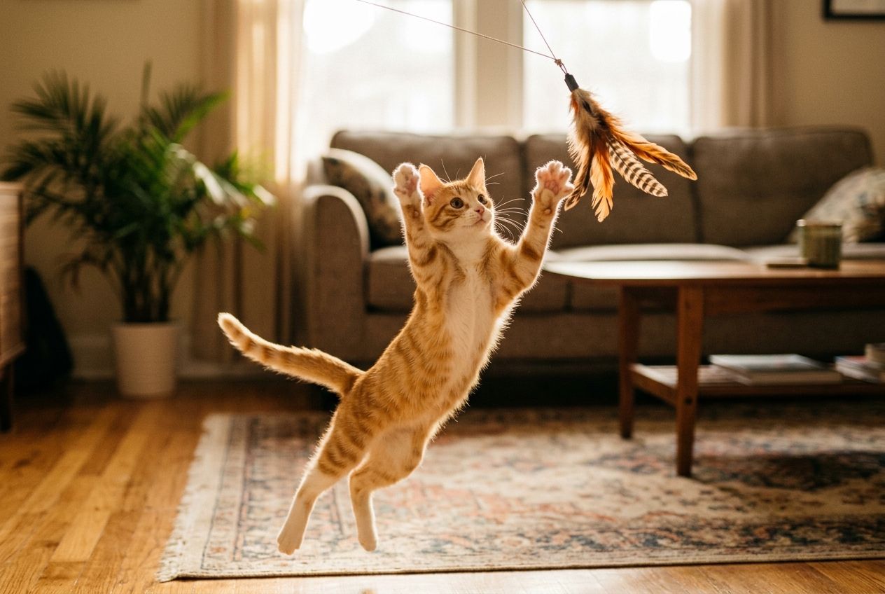 Orange cat leaping toward a feather lure hanging from a string