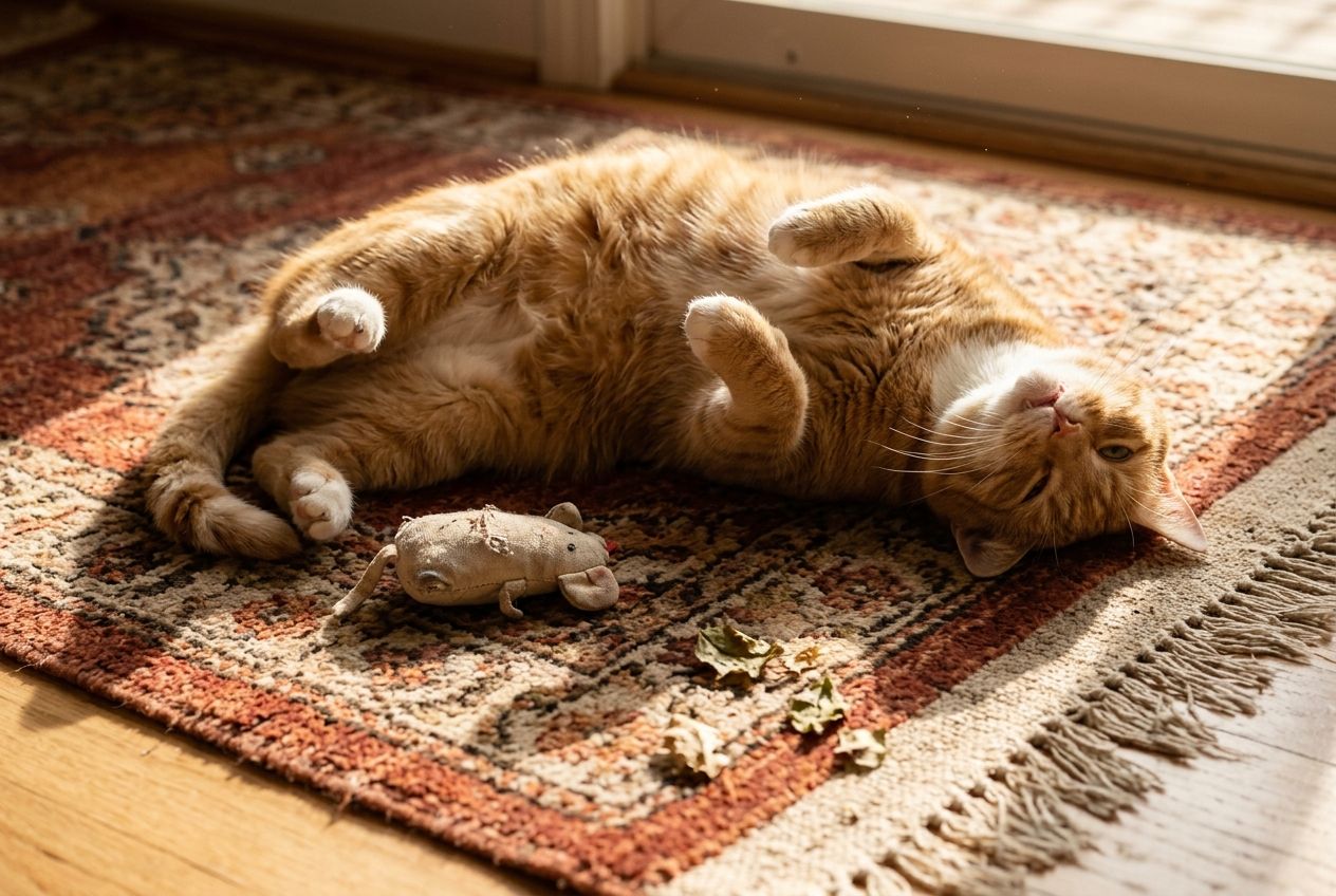 ラグの上で、布のおもちゃと砕けた乾いた葉のそばでおなかを見せて転がる茶トラの猫
