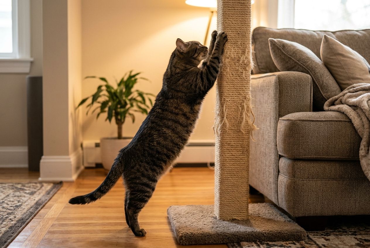 Tabby cat stretched full length up a tall sisal post on a heavy base, next to a sofa