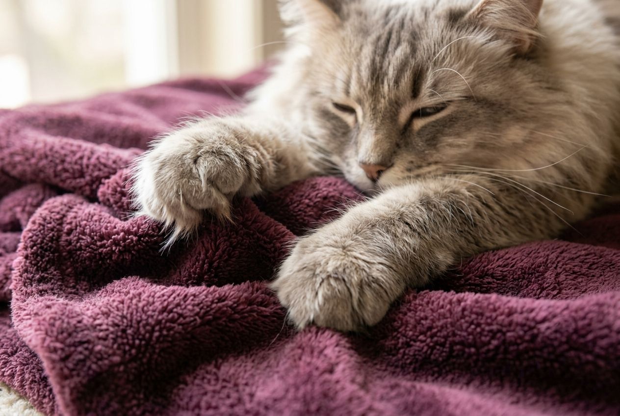 Long-haired grey cat kneading a plum blanket with its front paws, eyes half closed