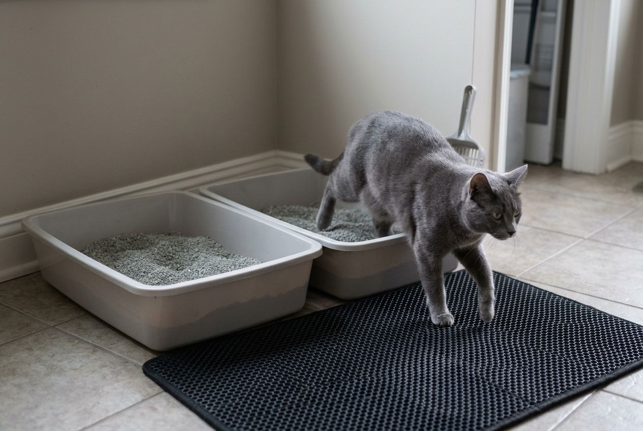 Grey cat stepping out of one of two uncovered litter boxes onto a mat